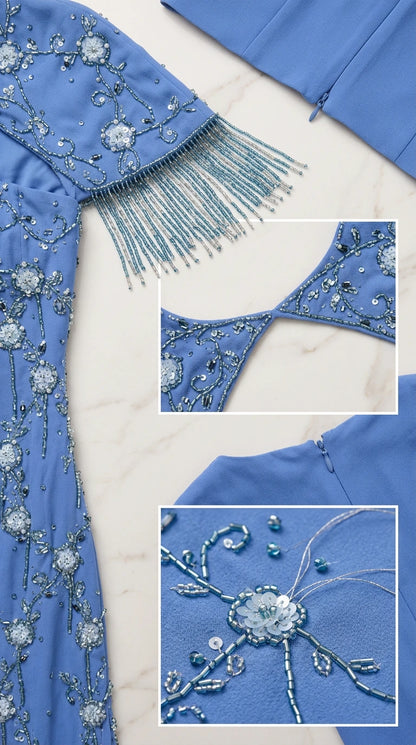 Close-up detail of beaded embroidery, neckline cutout, and fringe trim