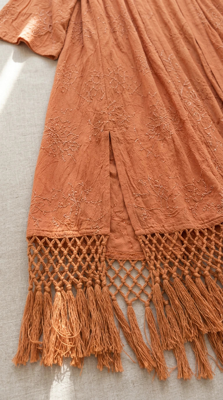 Close-up detail of embroidered woven fabric and knotted macrame fringe trim