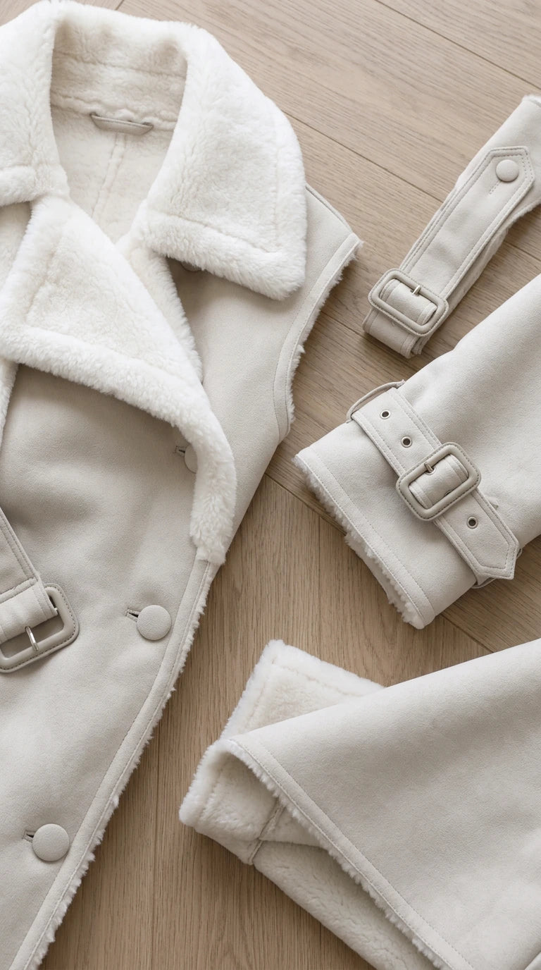 Close-up detail of off-white faux shearling lapel, buckle cuffs, and belt