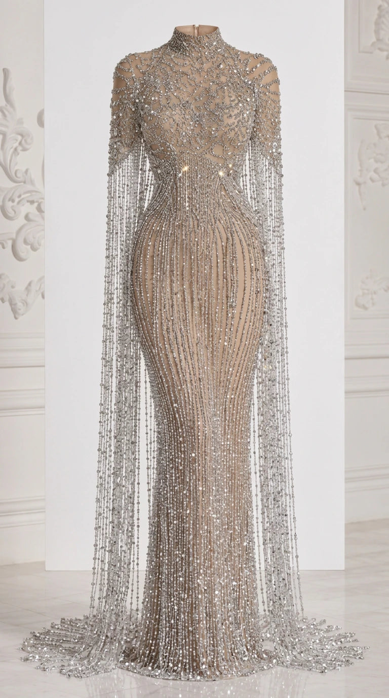 Mannequin display of Champagne Silver beaded high neck cape evening gown