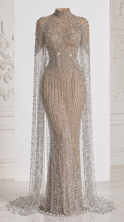 Mannequin display of Champagne Silver beaded high neck cape evening gown