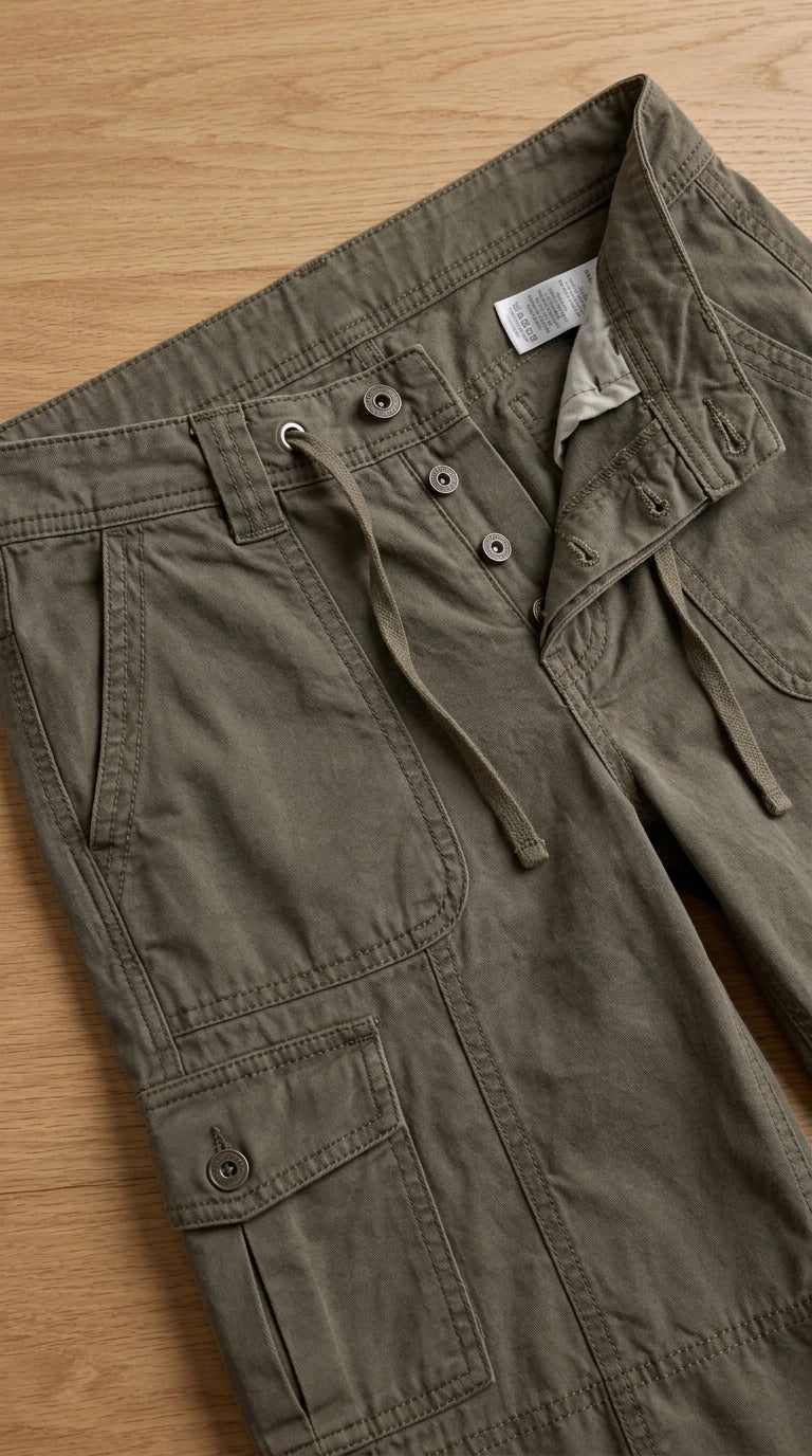 Detailed flat lay of olive green utility cargo pants waistband and pockets