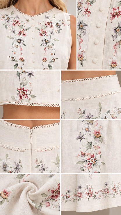 Detailed close-ups of floral embroidery, fabric texture, button details, and hem trim