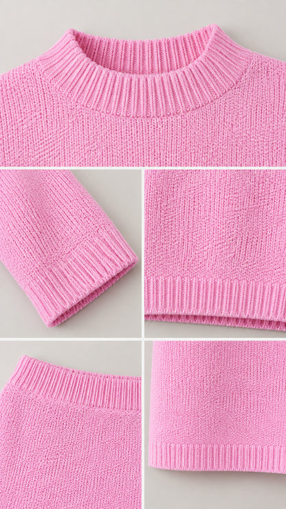 Close-up details of pink knit texture, ribbed neckline, ribbed cuffs, and hem