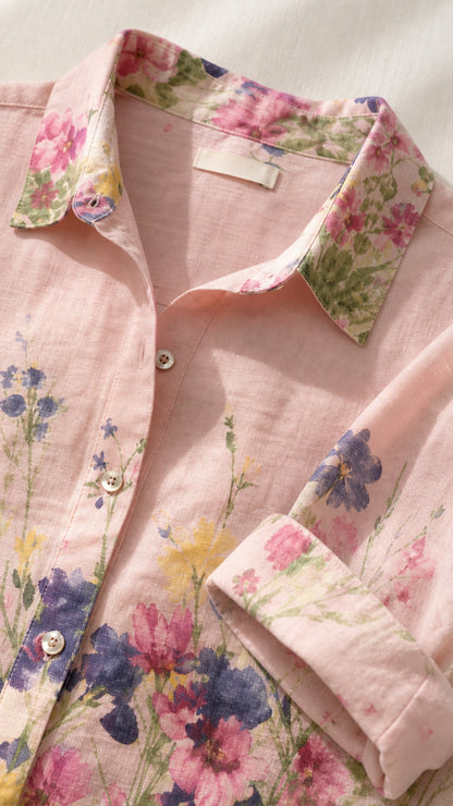 Close-up detail of pink linen-texture floral fabric, buttons, and collar