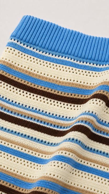 Close-up detail of blue multi open-stitch striped knit texture