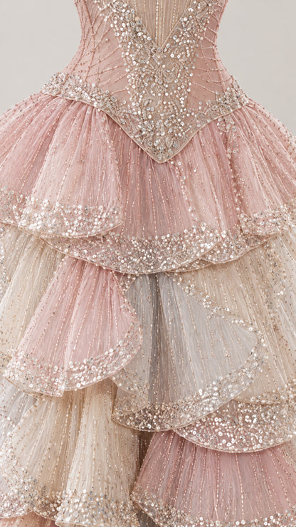 Close-up detail of embellished bodice and sequin-trimmed pleated ruffles on formal gown