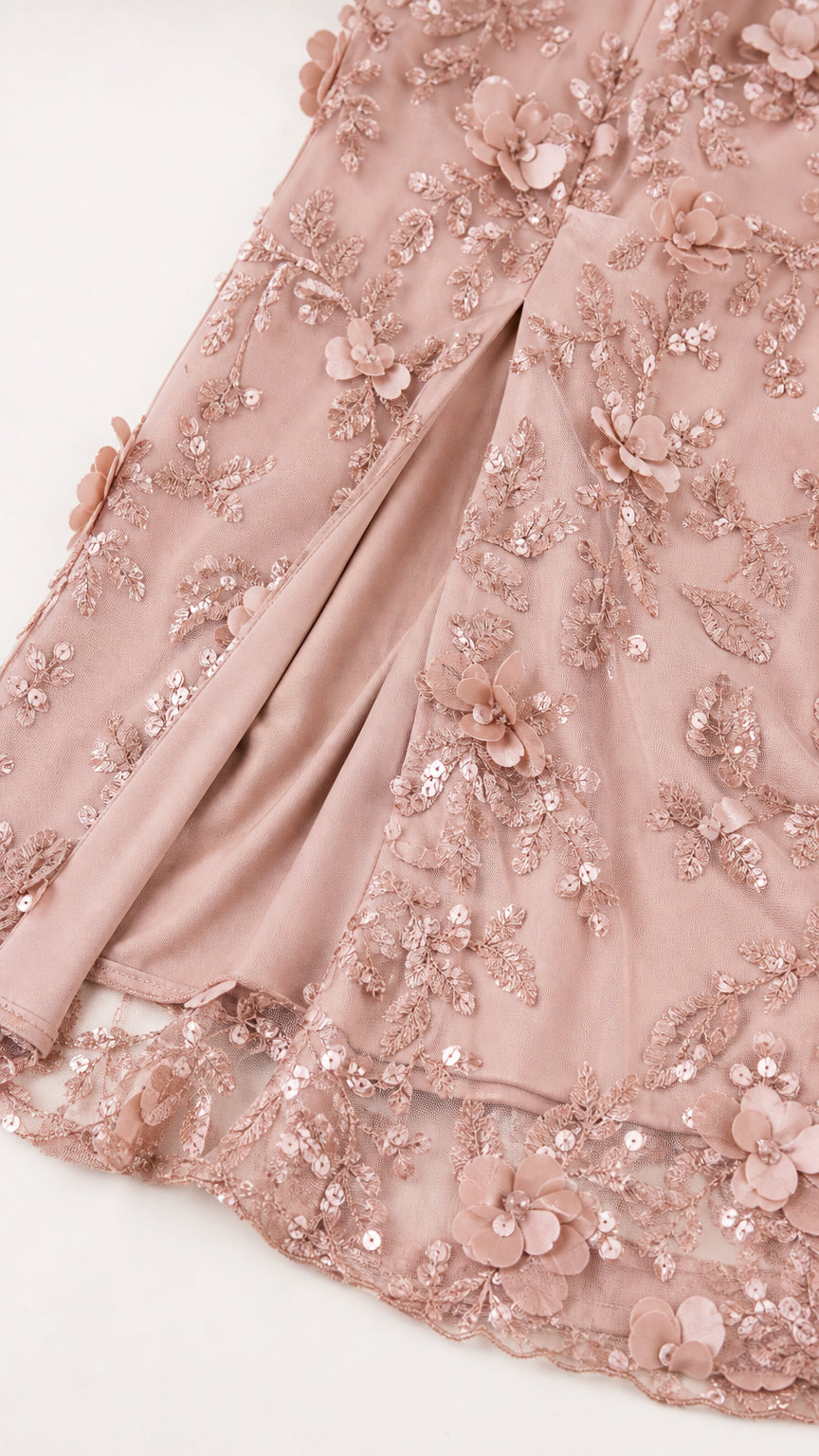 Close-up detail of dusty pink embroidered lace, 3D flowers, sequins, and soft lining