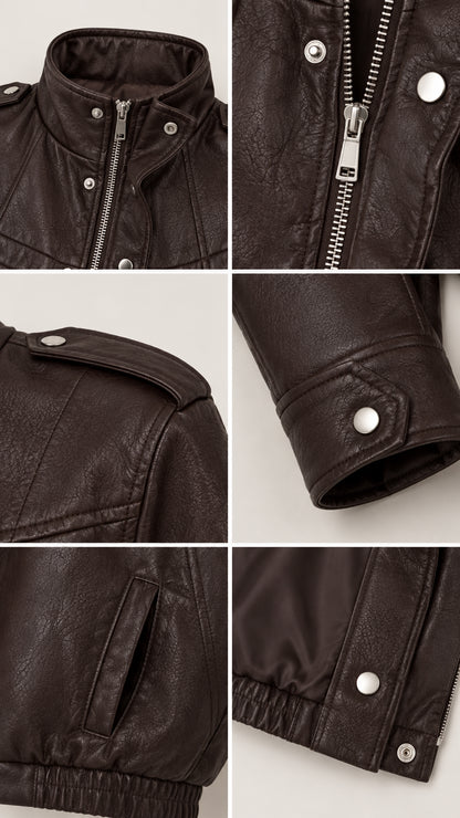 Close-up detail shots showing collar, metal zipper, shoulder epaulets, snap cuff, pocket, and elastic hem