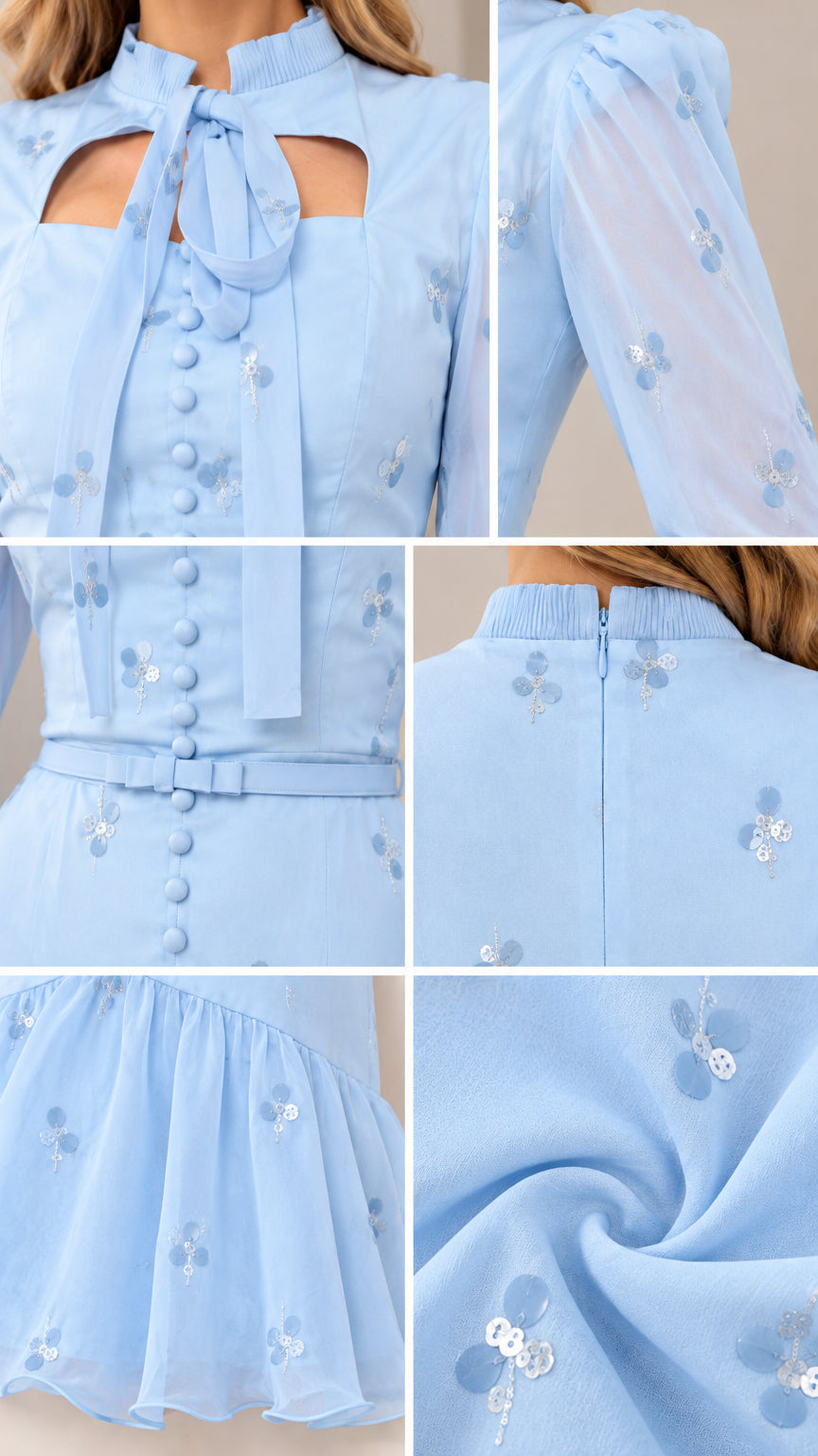 Close-up details of bow collar, sequin sleeve, belted waist, and chiffon fabric