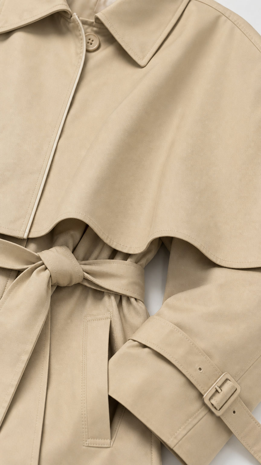 Close-up detail of beige trench coat lapel, fabric belt, and buckled sleeve cuff
