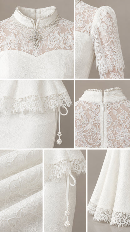 Close-up details of white lace fabric, beaded neckline, peplum waist tie, and scalloped hem