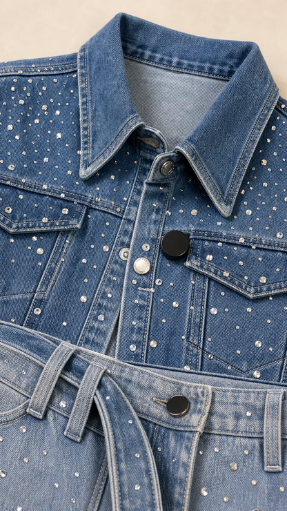 Close-up detail of blue rhinestone denim collar, buttons, and belted waistband