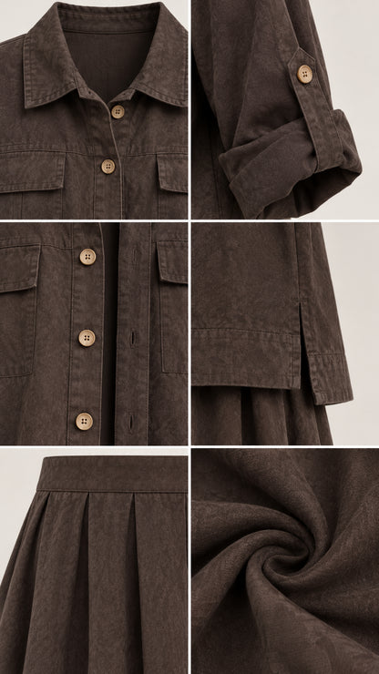 Close-up details of collar, buttons, roll-tab sleeve cuff, side slit, and textured fabric