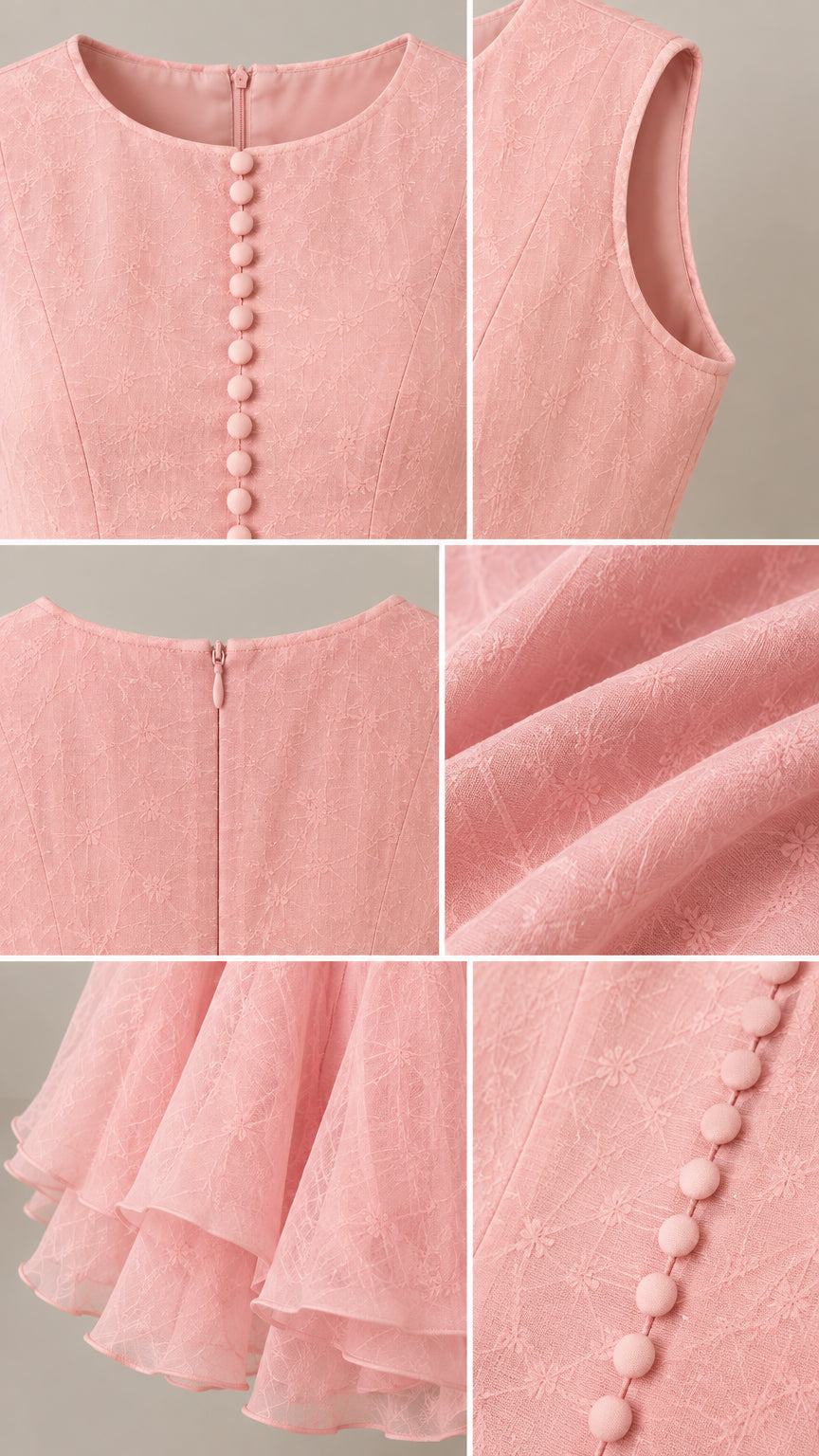 Close-up details of neckline, buttons, textured fabric, and layered hem