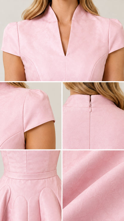 Close-up details of Pink maxi dress split collar, cap sleeves, back zip, and fabric texture