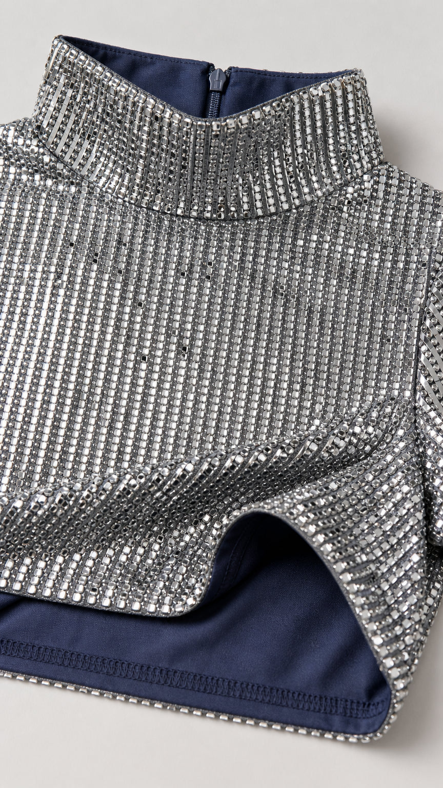 Close-up of silver sequin fabric and high neckline detail