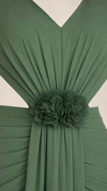 Close up of waist floral applique and cutout detail