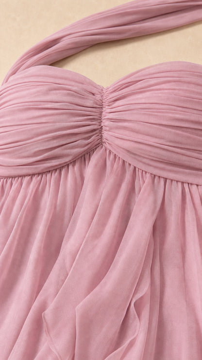 Close up of ruched sweetheart bodice and halter strap