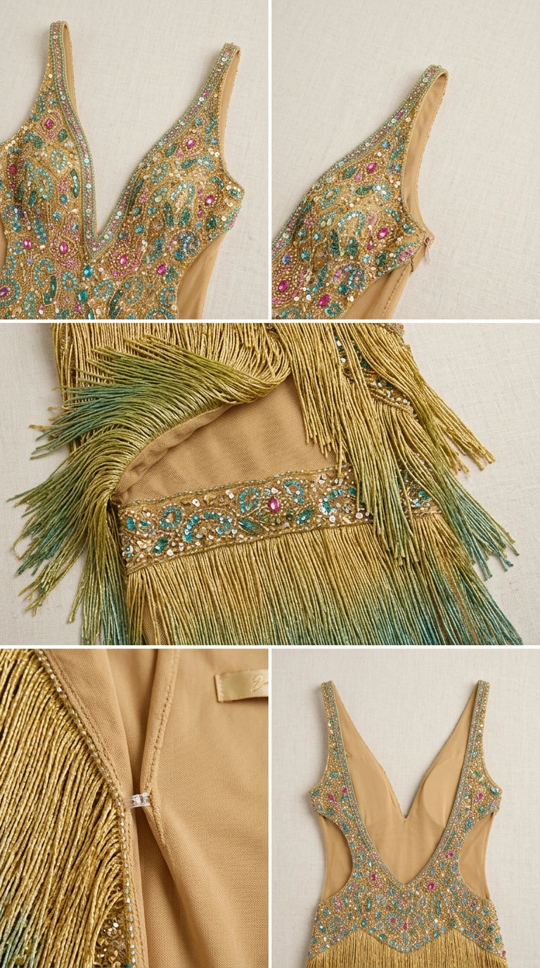 Close-up details of intricate beadwork, fringe layering, and interior lining construction