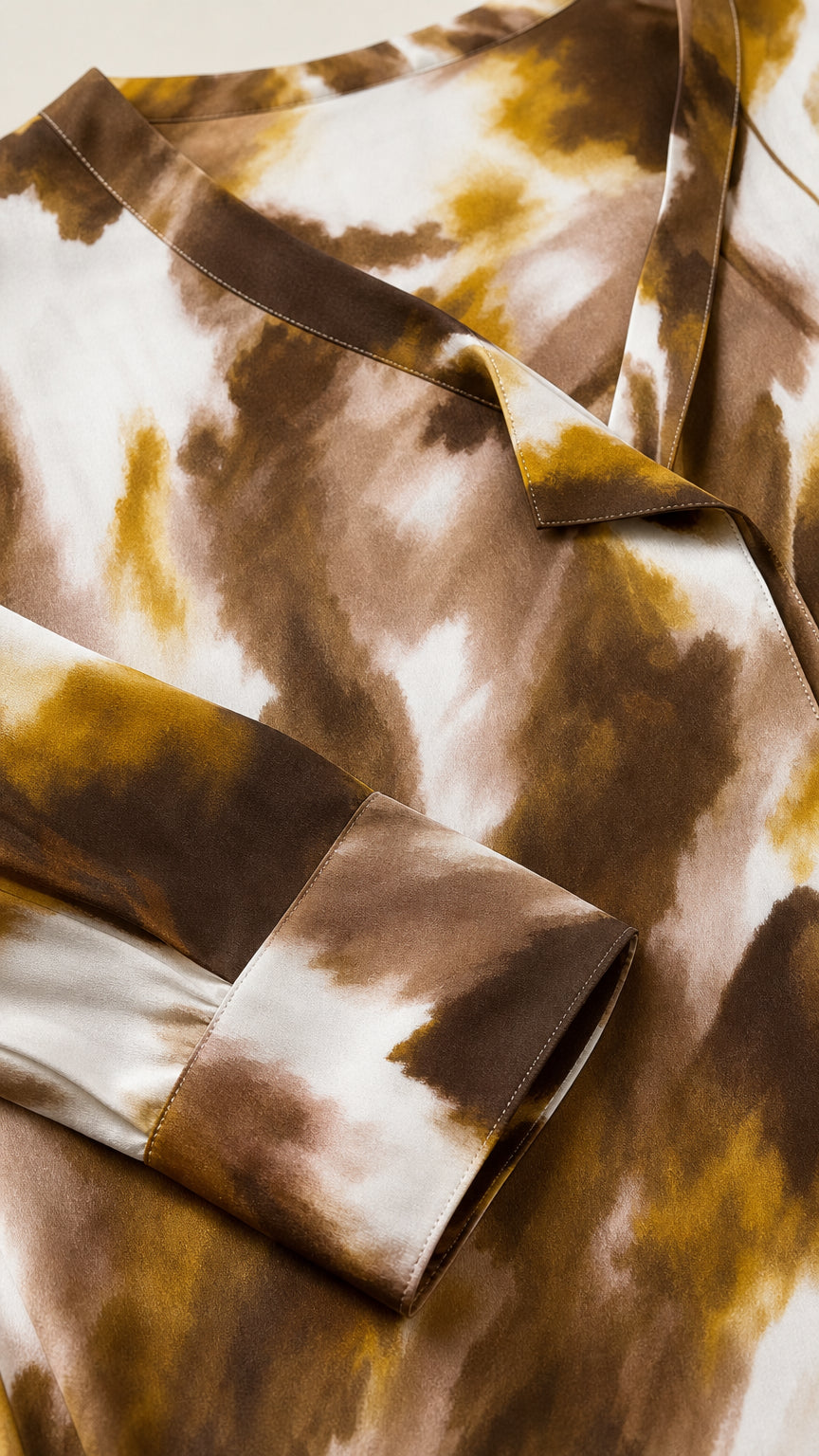 Close-up detail of mocha brown tie-dye satin fabric neckline and cuff