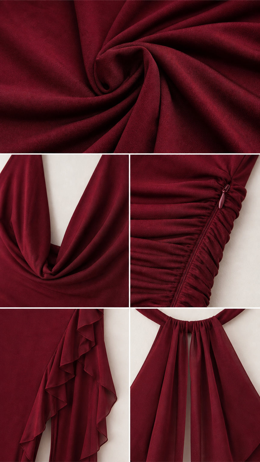 Close-up details of fabric, cowl neck, zipper, and ruffle hem