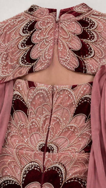 Close-up of the beaded collar and upper back closure detail