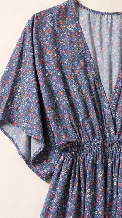 Close-up detail of V-neckline, smocked waist, and ditsy floral fabric