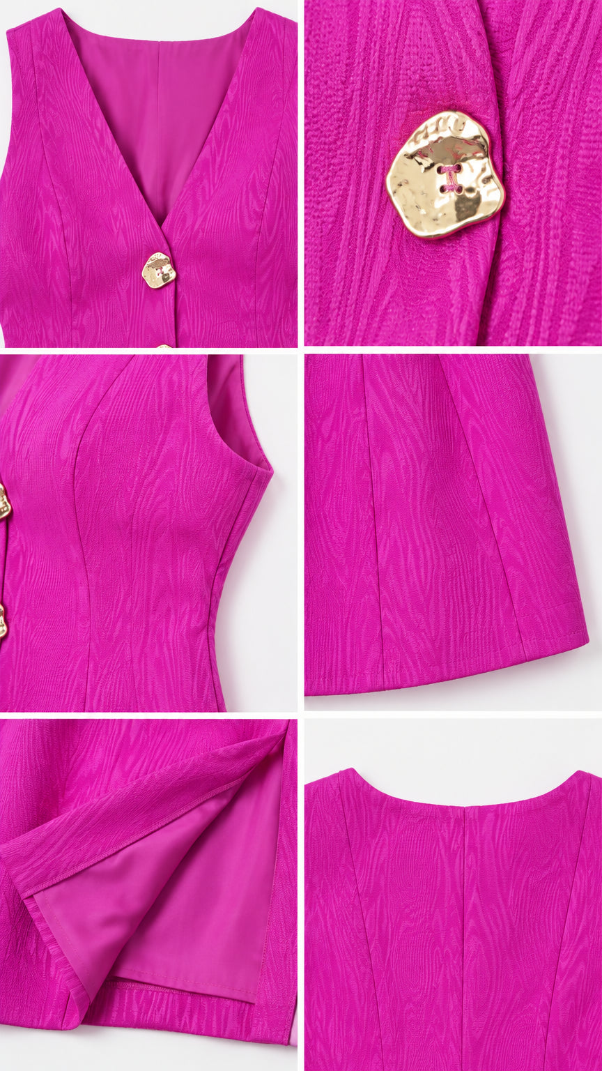 Close-up details of magenta textured fabric, gold-tone button, inner lining, and neckline