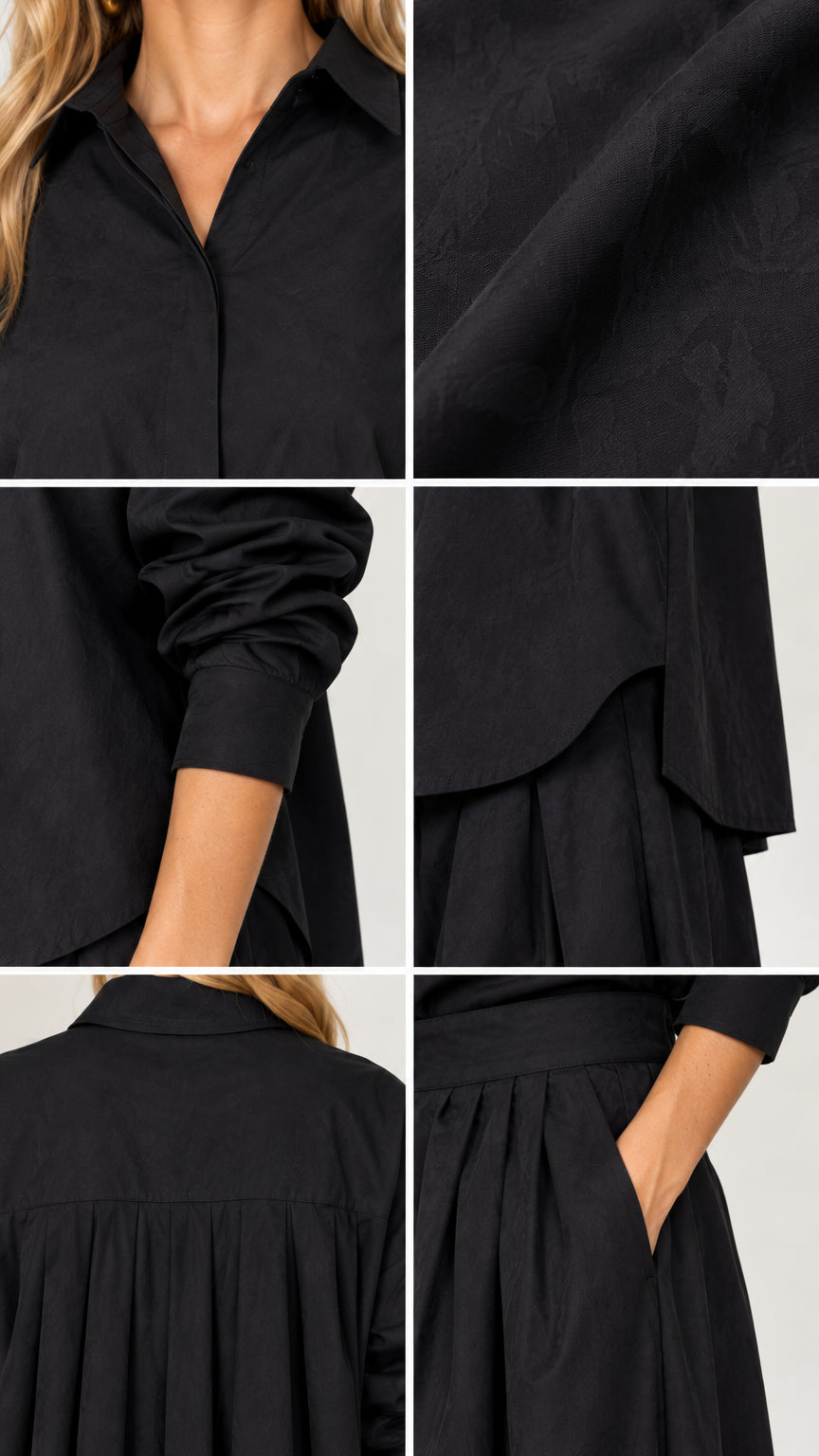 Close-up detail collage of the collar, fabric texture, cuffs, hemline, back pleats, and trouser pockets