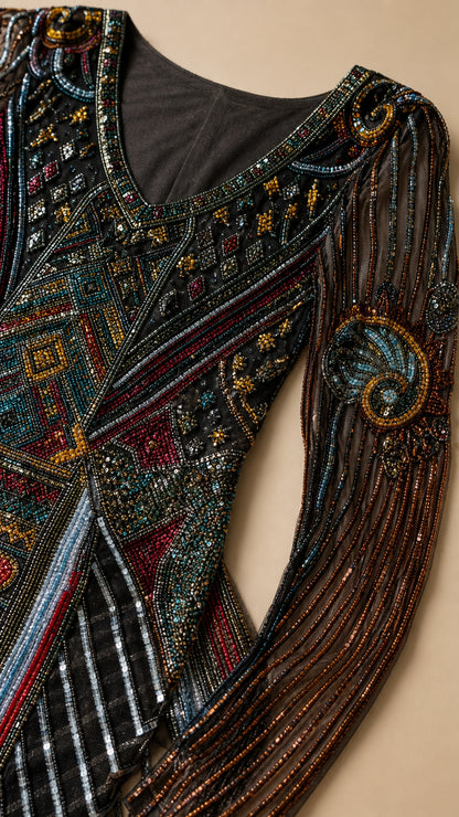 Close-up of neckline and sleeve beadwork craftsmanship