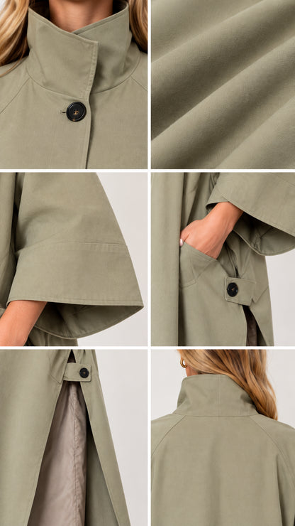 Close-up details of stand collar, pocket button tabs, fabric texture, and wide sleeves on sage green coat