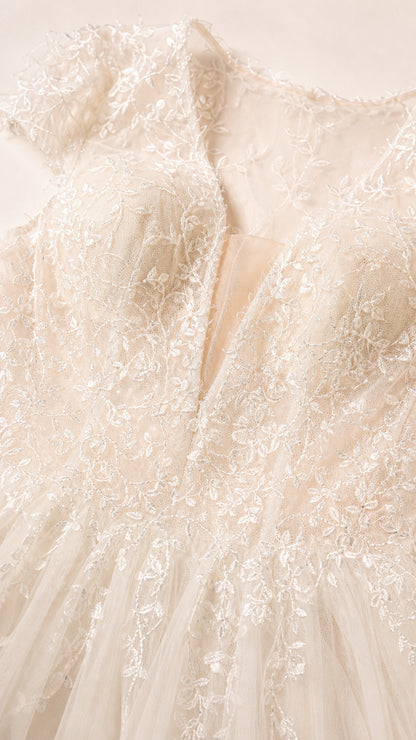 Close-up detail of bodice beading and V-neckline