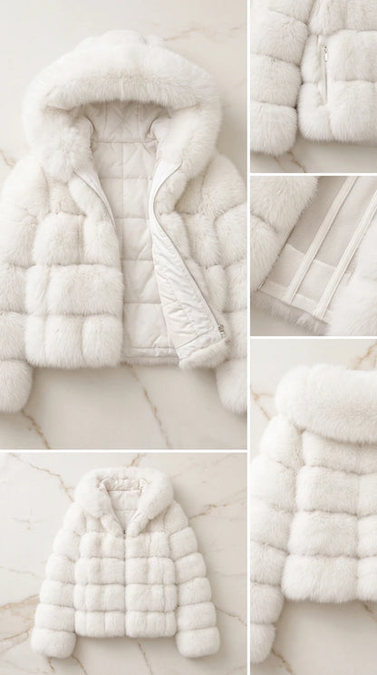 Flat lay and detail close-up shots of white hooded faux fur jacket and zipper