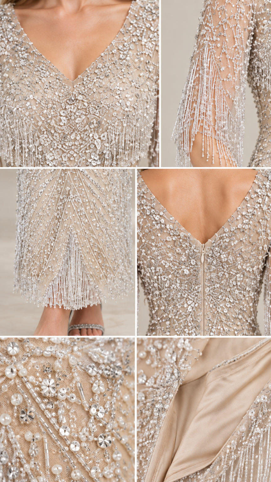 Detailed close-up collage of neckline, fringe sleeve, beaded hem, and lined interior