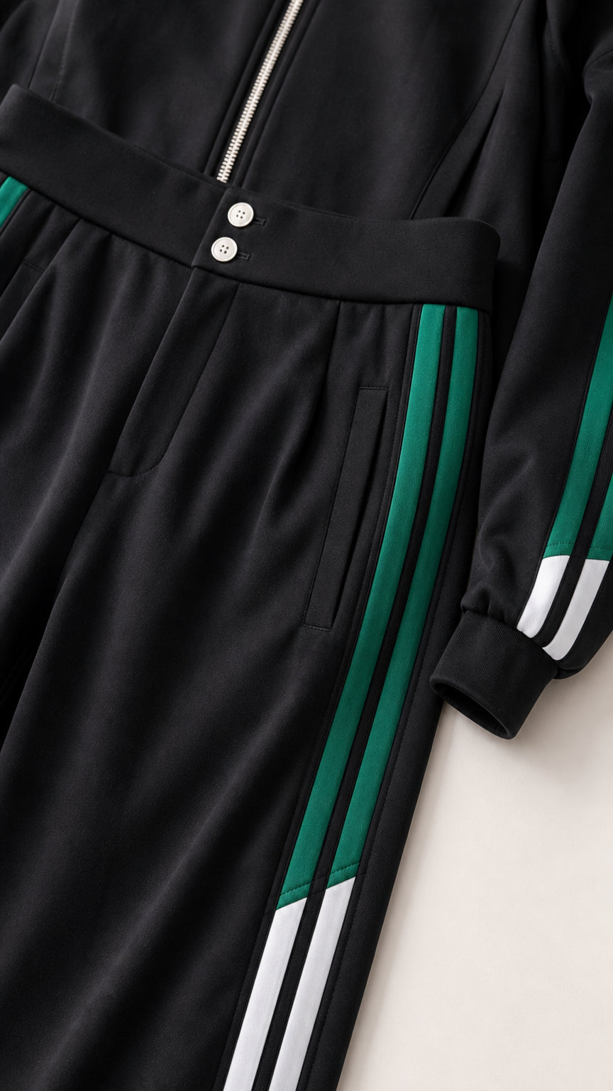 Close-up detail of black tracksuit waistband with buttons and green contrast side striping