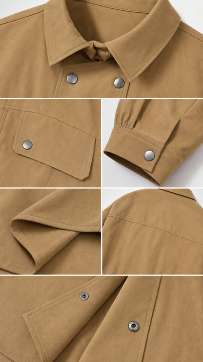 Close-up details of collar, snap buttons, flap pocket, and sleeve cuff on camel shirt