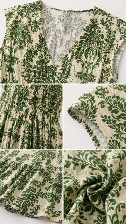 Close-up details of V-neck, smocked bodice, and fabric texture