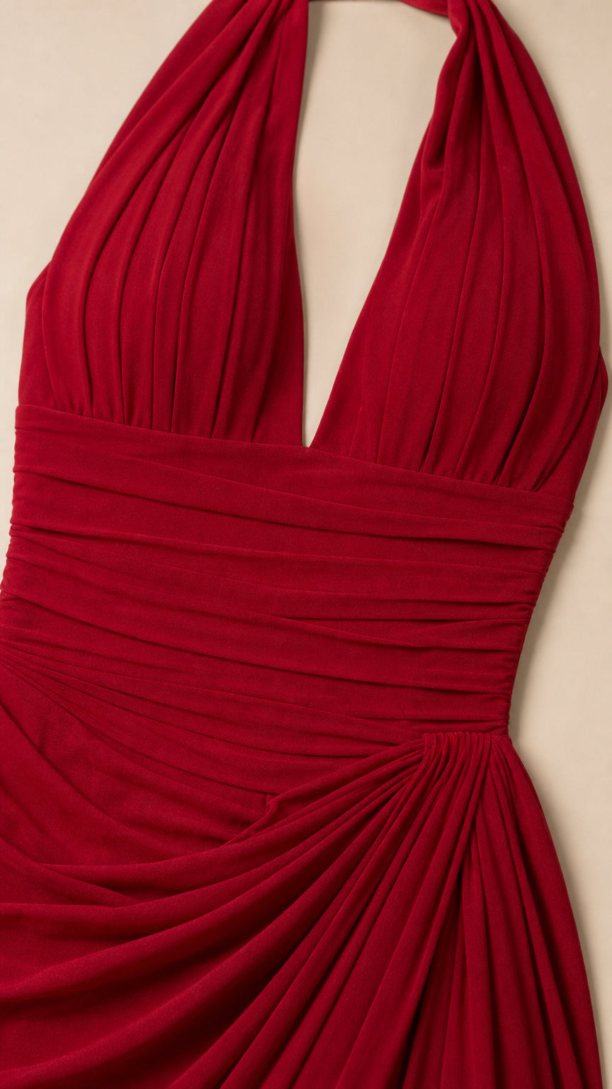 Close-up detail of red pleated plunge halter bodice and ruched waist