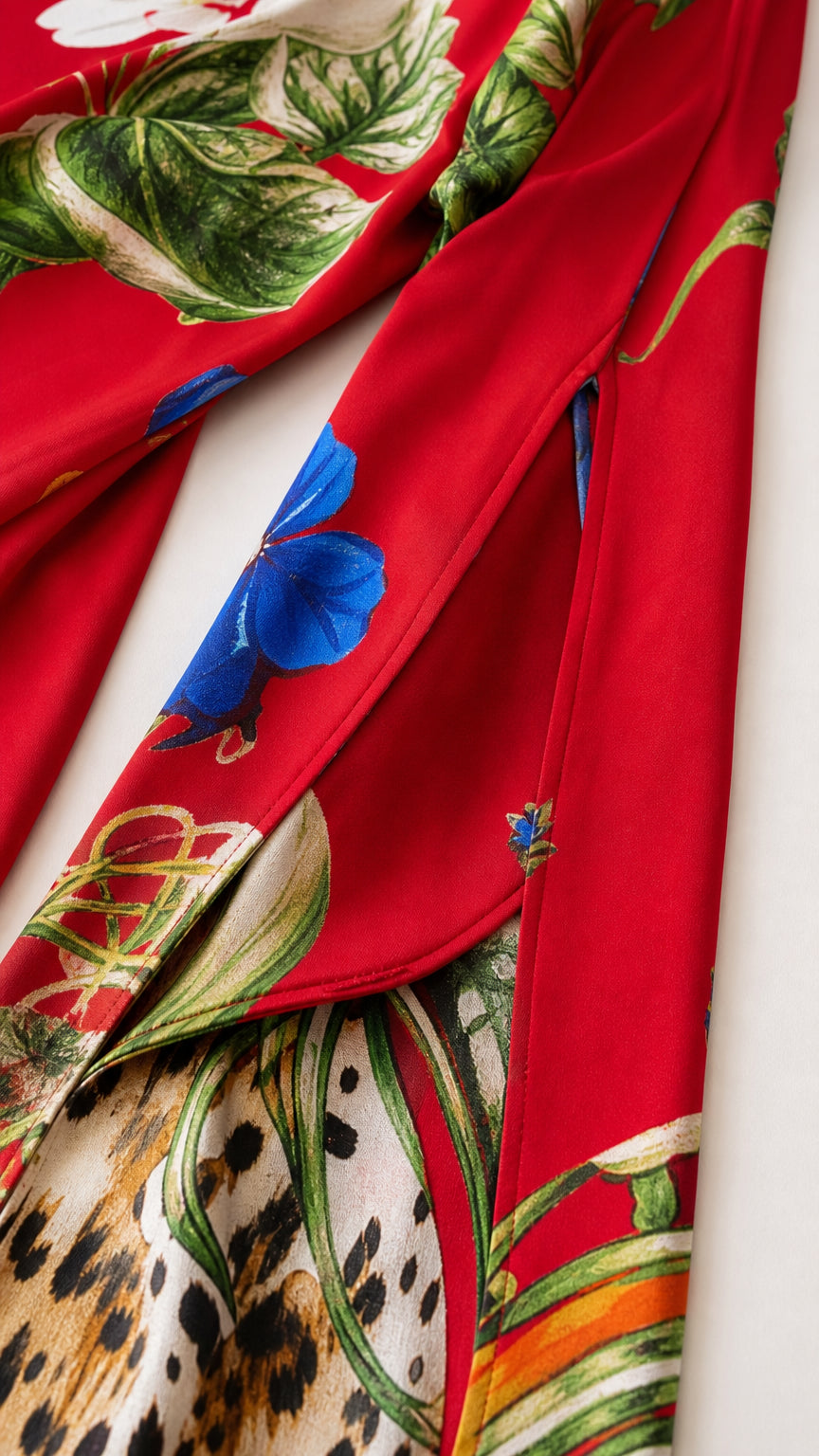 Close-up of red fabric with tropical floral and animal print