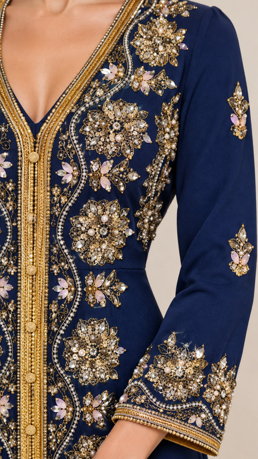 Close-up of gold beadwork and embroidery on Navy Blue kaftan neckline and sleeve