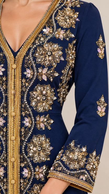 Close-up of gold beadwork and embroidery on Navy Blue kaftan neckline and sleeve