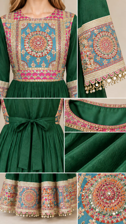 Close-up details of ornate bodice embroidery print and tassel cuff trim