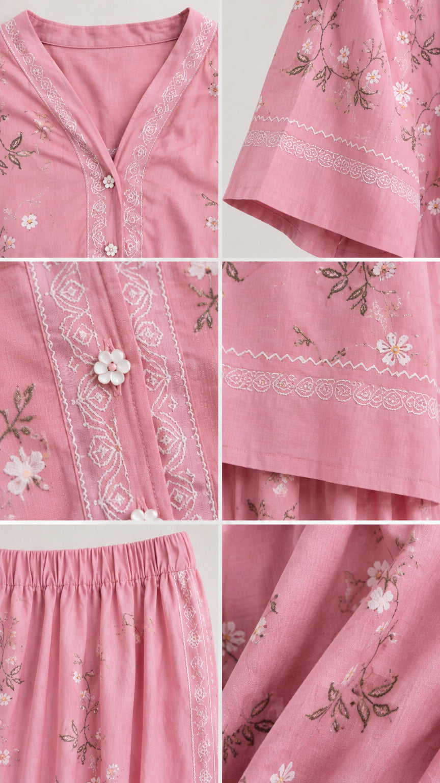 Detailed close-up views of embroidery, flower buttons, elastic waistband, and woven fabric