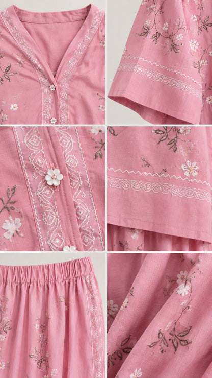 Detailed close-up views of embroidery, flower buttons, elastic waistband, and woven fabric