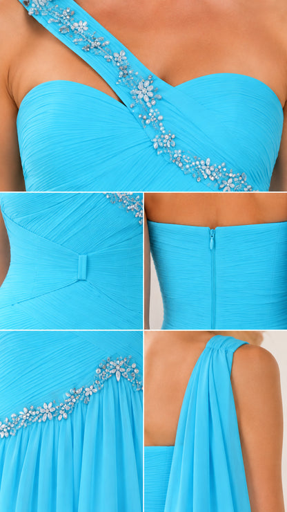 Close-up details of ruched chiffon bodice, crystal trim, back zipper, and shoulder strap