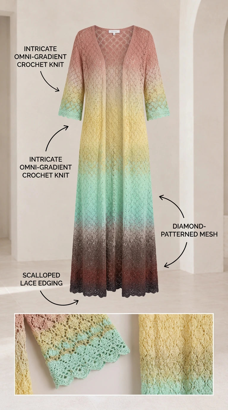 Flat lay and detail view of Pastel Multi crochet duster cardigan highlighting diamond mesh and scalloped lace edging