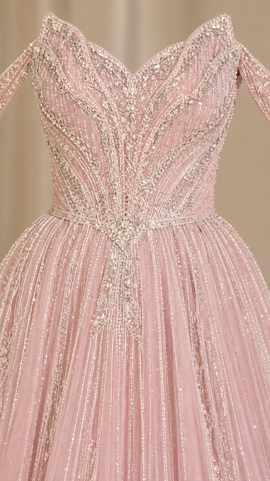 Close-up detail of bodice beadwork and rhinestone embellishments