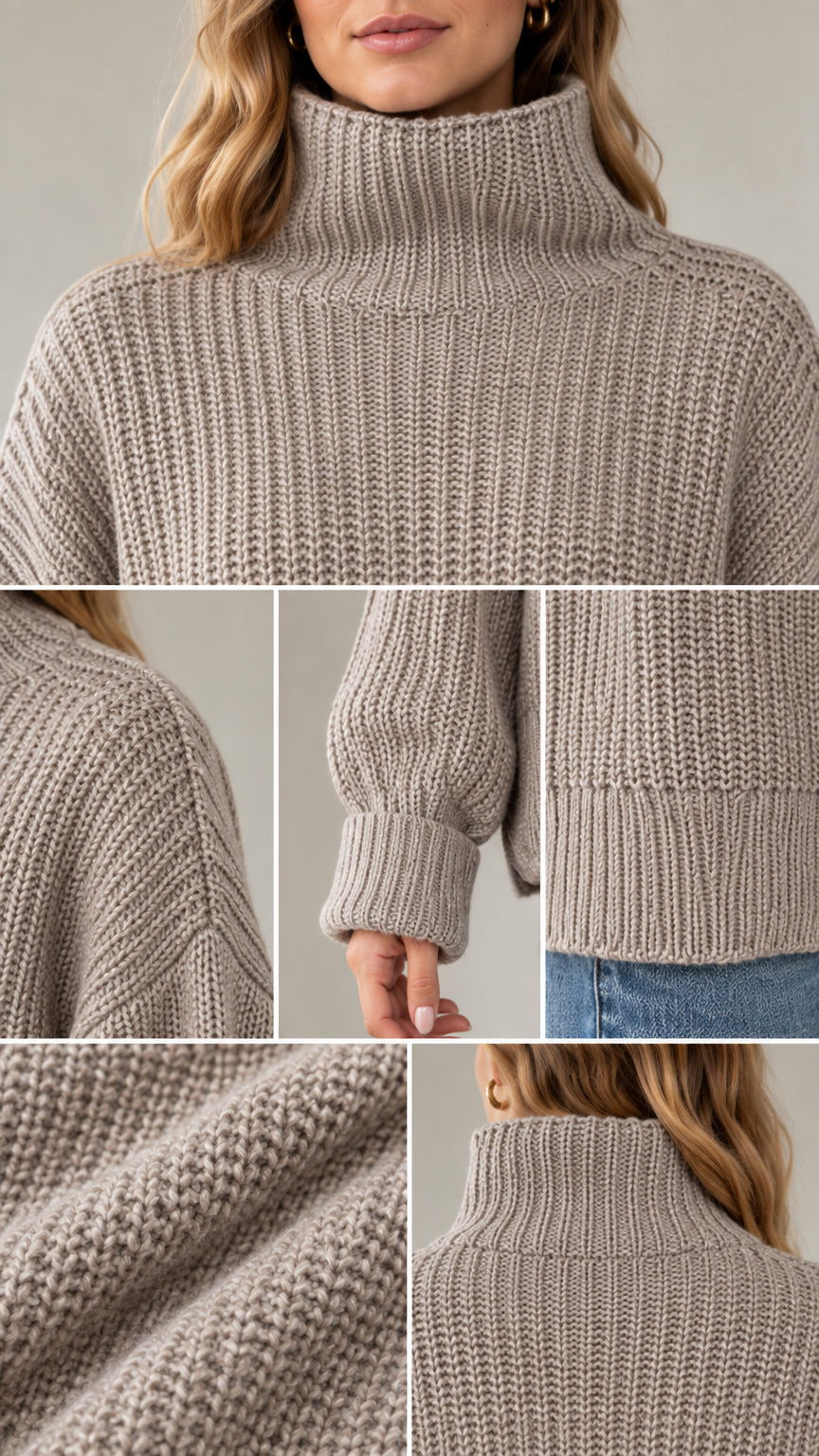 Close-up detail collage showing rib knit texture, neckline, cuff, and hem