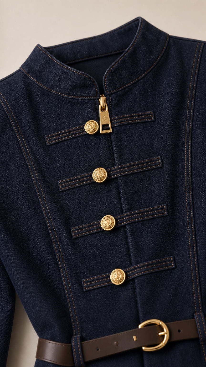 Close-up detail of navy blue jacket stand collar, gold zipper, and ornate metallic buttons
